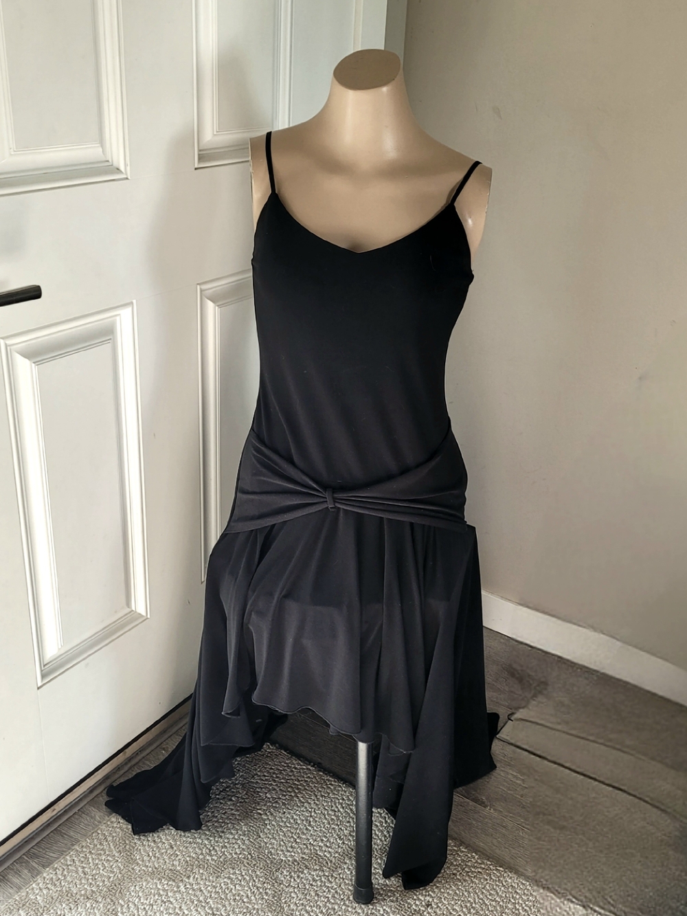 Ariella Black High-Low Spaghetti Strap Knot-Waist Dress
